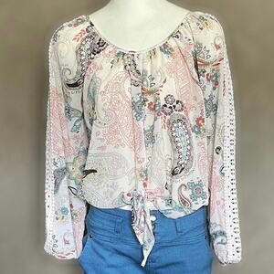 American Rag Cie Multicolor Paisley Crochet Lace Tie Front Peasant Blouse Boho